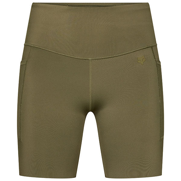 Front view of Fox Racing Women's Motive Biker Shorts in Olive Green (SKU: 33581-099), featuring high-rise fit and performance stretch