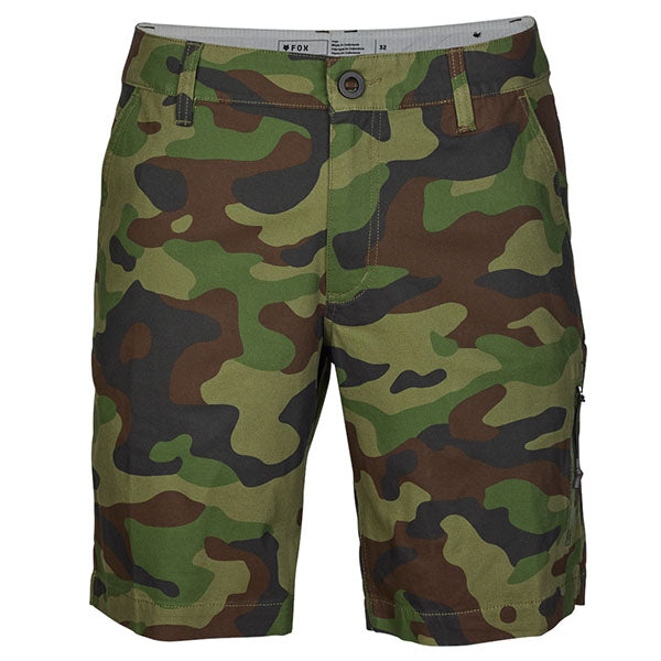 Front view of Fox Racing Essex Camo 3.0 Shorts in Green Camo, SKU 31672-031, featuring water-repellent stretch twill