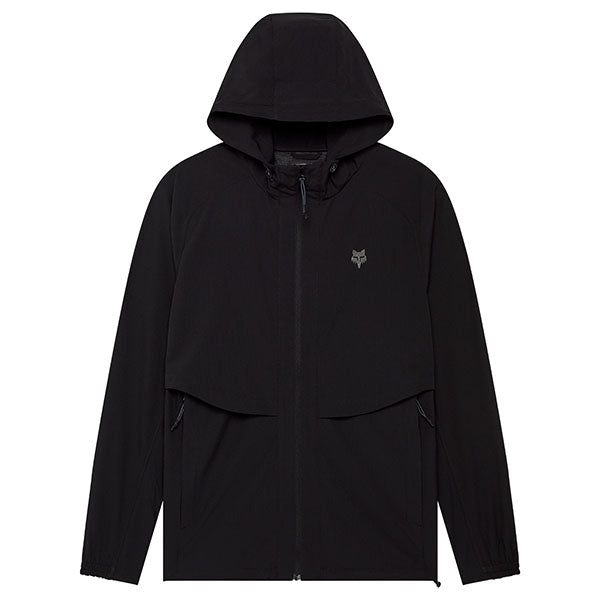 Front view of Fox Racing Survivalist Windbreaker in Black, SKU 32616-021, featuring zippered hand pockets and Fox chest logo