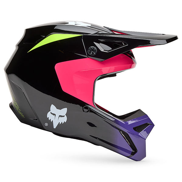Front view of Fox Racing Youth V1 Elevated Helmet in Pink (SKU: 33549-170), featuring race-inspired graphics and visor