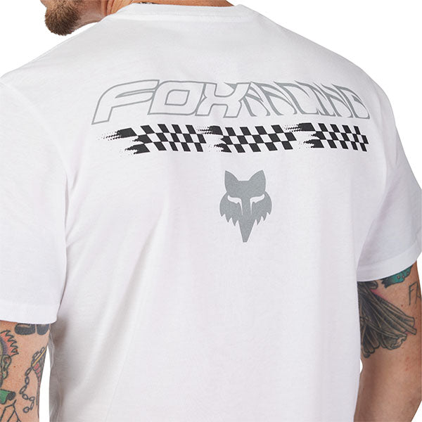 Clean studio shot of Fox Racing Checkered Premium Tee; showing tee fit, printed graphics, and crew neckline; SKU 33411-190-S; Sizes: S-2XL