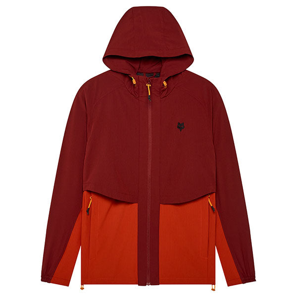 Front view of Fox Racing Survivalist Windbreaker in Scarlet, SKU 32616-180, featuring Fox chest logo and lightweight 4-way stretch fabric