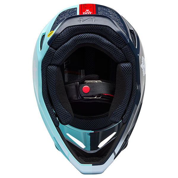 Close-up of MIPS® label and shell texture on Light Blue Youth V1 Elevated Helmet (SKU: 33549-116)