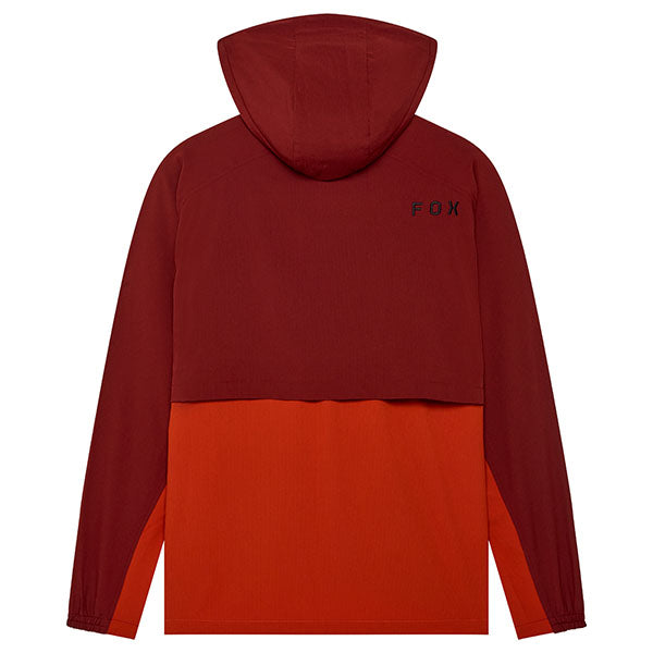 Rear view of Survivalist Windbreaker in Scarlet, SKU 32616-180, showing hood and curved hem design