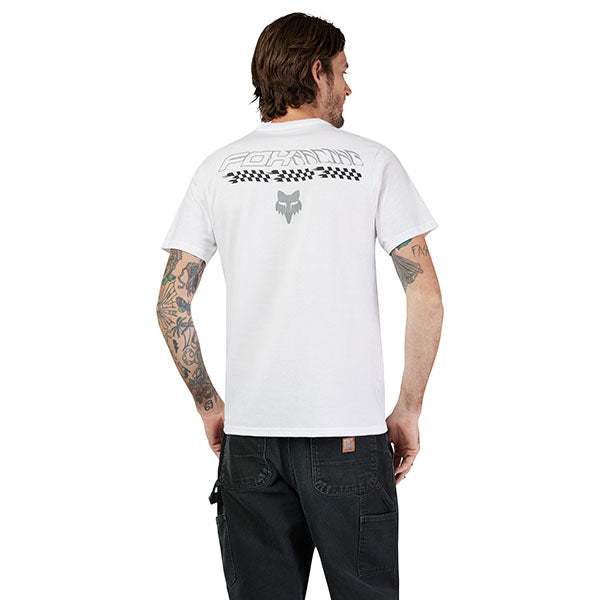 Studio photo on a white background of Fox Racing Checkered Premium Tee; showing tee fit, printed graphics, and crew neckline; SKU 33411-190-S