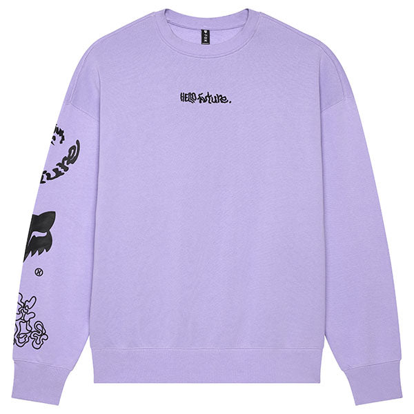 Front view of Fox Racing Hello Future Oversized Crew Pullover in Adobe, SKU 33379-282, featuring puff ink graphics and oversized fit