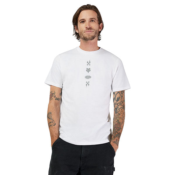 High-resolution studio image of Fox Racing Checkered Premium Tee; showing tee fit, printed graphics, and crew neckline; SKU 33411-190-S; Sizes: S-2XL