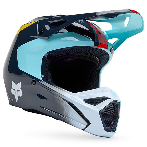 Side profile of Light Blue Youth V1 Elevated Helmet (SKU: 33549-116), highlighting vent placement and graphic design