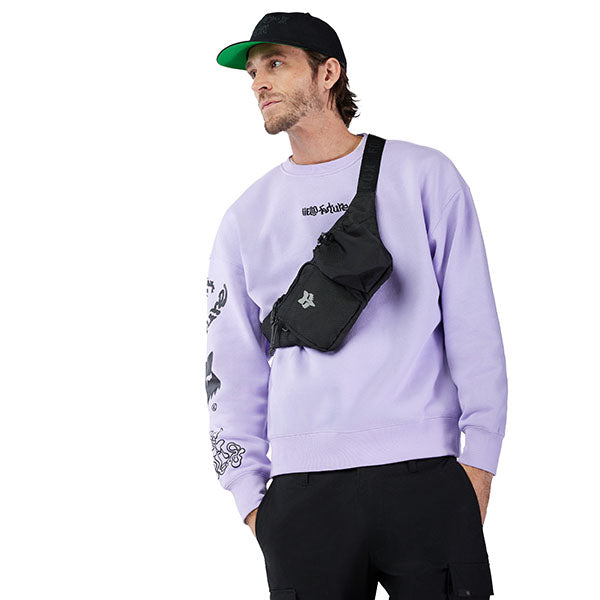 Side view of model wearing Hello Future Crew Pullover in Adobe, SKU 33379-282, highlighting relaxed silhouette