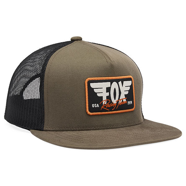 Front view of Fox Racing Winged Trucker Hat in Military Green, SKU 33398-373, featuring winged Fox patch and flat bill
