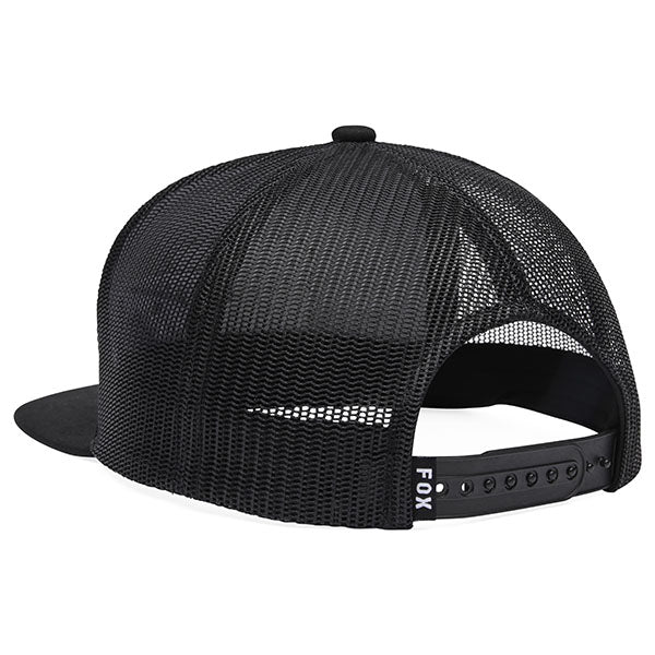 Rear view of Winged Trucker Hat in Black, SKU 33398-001, showing mesh back and adjustable snapback closure