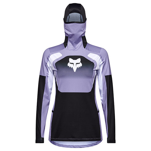 Front view of Fox Racing Women’s Ranger Drive Jersey in Lilac (SKU: 33547-282), featuring integrated neck buff and minimalist styling