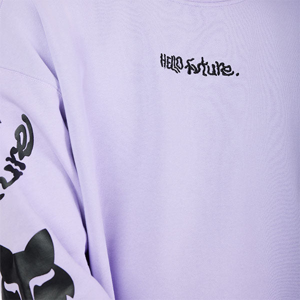 Detail view of puff ink graphic and brushed fleece texture on Hello Future Pullover in Adobe, SKU 33379-282