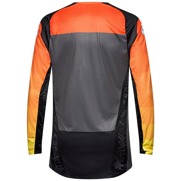 Left side profile of Fox Racing Flexair Grid Jersey in Black and Orange (SKU: 33539-016), showing bonded collar and articulated sleeve