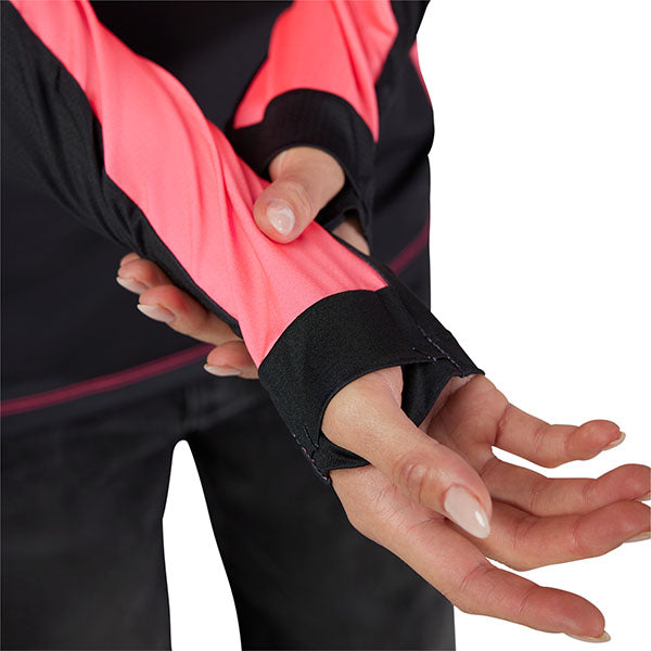 Lifestyle shot of female rider wearing Pink jersey (SKU: 33547-170) in off-road setting