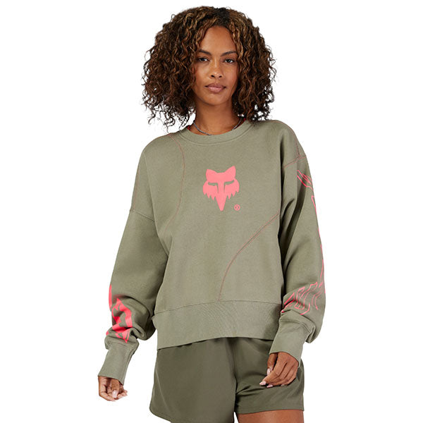 Rear view of Fox Racing Elevated Oversized Crew Sweatshirt for women in Adobe (SKU: 33573-291), highlighting dropped shoulders and oversized silhouette