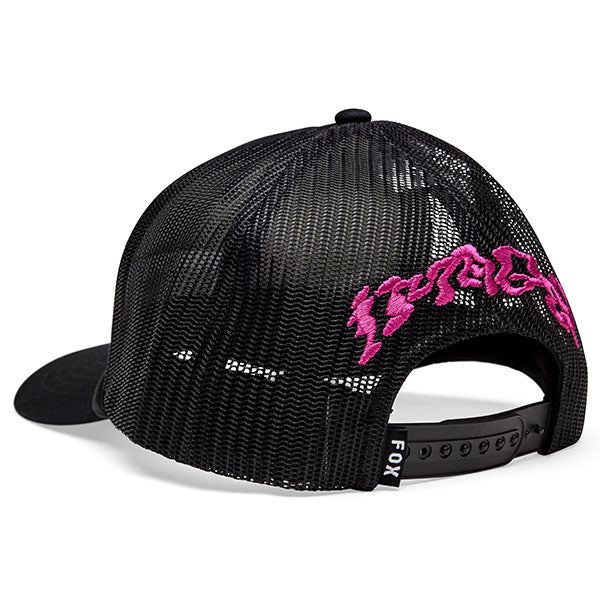 Rear view of Hello Fox Trucker Hat in Black showing mesh panel and snapback, SKU: 33579-001