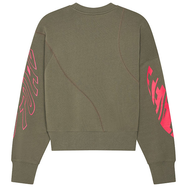 Side profile of Fox Racing Elevated Oversized Crew Sweatshirt for women in Adobe (SKU: 33573-291), showing relaxed fit and ribbed cuffs
