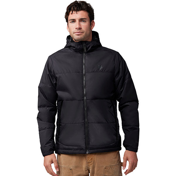 Rear view of Fox Racing Ridgeway Jacket in Black, SKU 33119-001, with hood up and drop tail hem
