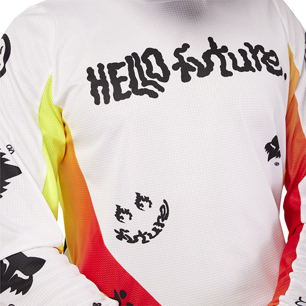 Detail of vented mesh zones on Fox Racing 180 Hello Future Jersey in White and Yellow (SKU: 33534-008)