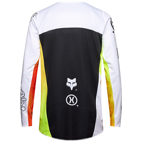 Side profile of Fox Racing 180 Hello Future Jersey in White and Yellow (SKU: 33534-008), showing mesh collar and sleeve cuffs