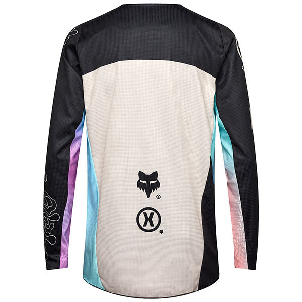 Side profile of Fox Racing 180 Hello Future Jersey in Black and Blue (SKU: 33534-001), highlighting mesh sleeve cuffs