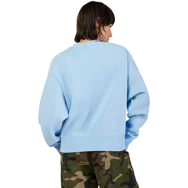 Close-up of tonal embroidery and neckline on Cashmere Blue Women's Wordmark Oversized Crew Pullover (SKU: 33140-381)