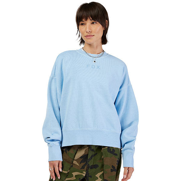Rear view of Fox Racing Wordmark Oversized Crew Pullover for women in Cashmere Blue (SKU: 33140-381), highlighting dropped shoulders and oversized silhouette