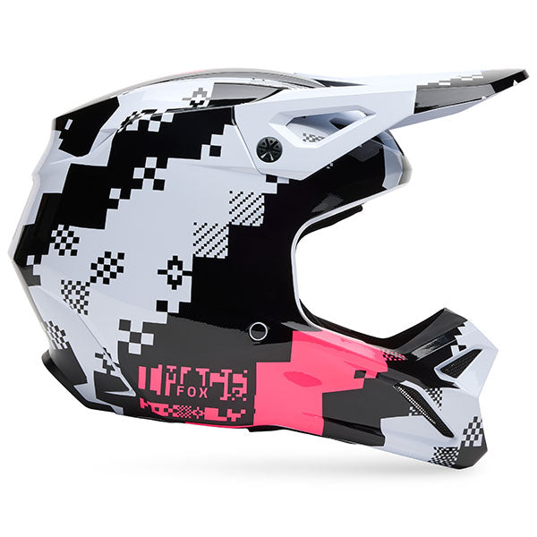 Front view of Fox Racing SKU 33531-285S V1 Digi Image Helmet in Black and Pink (SKU: 33531-285), featuring race-inspired graphics and adjustable visor, sizes XS, SM, MD, LG, XL, size XS, sizes XS to XL.