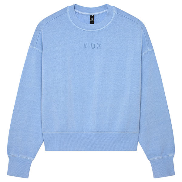 Front view of Fox Racing Wordmark Oversized Crew Pullover for women in Cashmere Blue (SKU: 33140-381), featuring tonal Fox embroidery and premium fleece