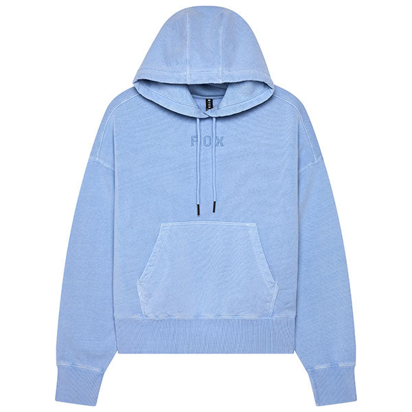 Front view of Fox Racing Women's Wordmark Oversized Pullover Hoodie in Heather Graphite (SKU: 32830-381), featuring tonal embroidery and cozy fleece