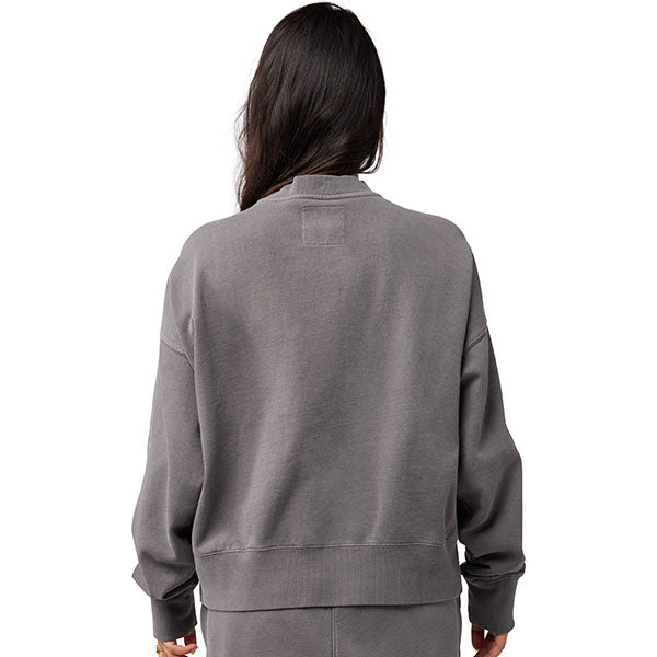 Close-up of neckline and embroidery detail on Light Gray Women's Wordmark Oversized Crew Pullover (SKU: 33140-052)