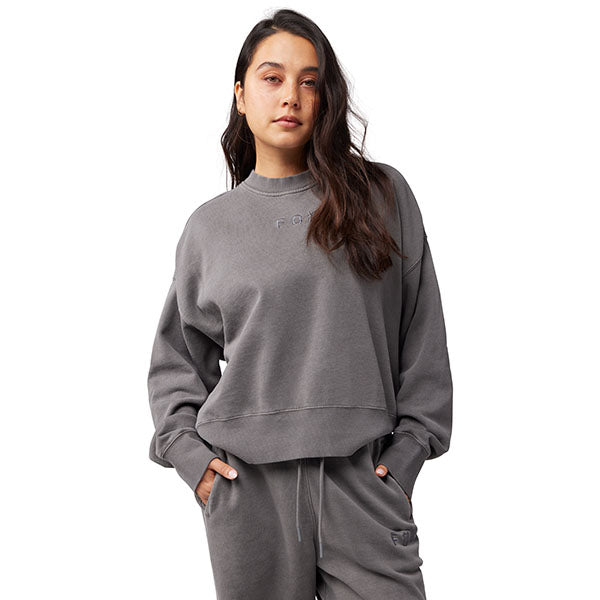 Rear view of Fox Racing Wordmark Oversized Crew Pullover for women in Light Gray (SKU: 33140-052), highlighting oversized cut and brushed fleece