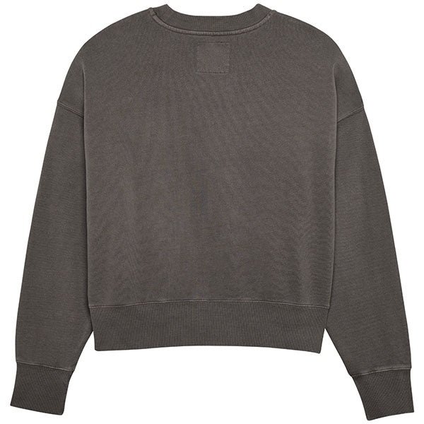 Side profile of Fox Racing Wordmark Oversized Crew Pullover for women in Light Gray (SKU: 33140-052), showing relaxed fit and ribbed hem