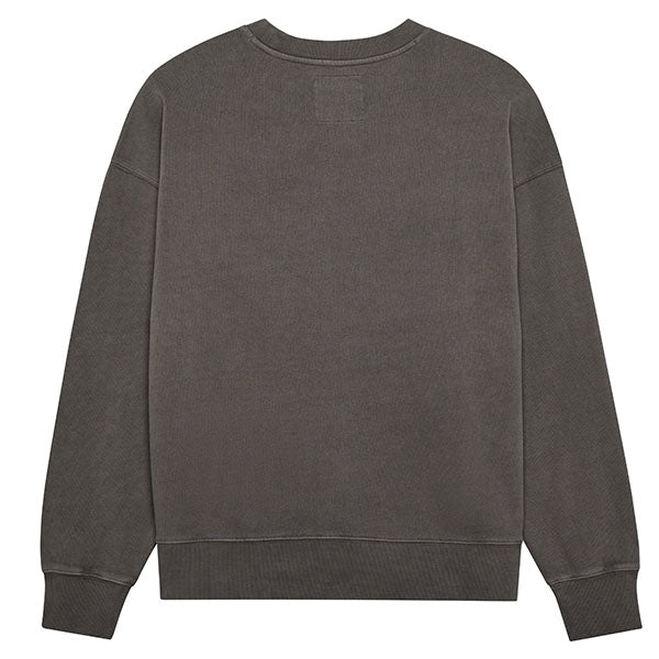 Rear view of Wordmark Crew Pullover in Pewter, SKU 33142-052, showing brushed fleece and relaxed silhouette