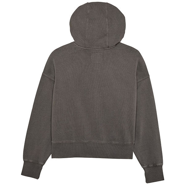 Side view of Fox Racing Wordmark Hoodie in Pewter Grey, showing relaxed fit and garment-dyed finish