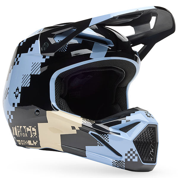 Side profile of Light Slate Blue V1 Digi Image Helmet (SKU: 33531-223), showing vent placement and zebra graphics, sizes XS, SM, MD, LG, XL, size XS, sizes XS to XL.