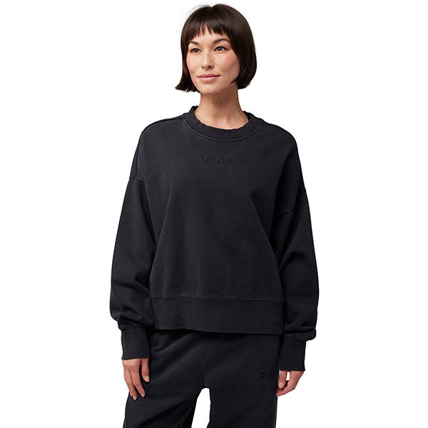 Rear view of Fox Racing Wordmark Oversized Crew Pullover for women in Black (SKU: 33140-001), highlighting dropped shoulder and oversized silhouette