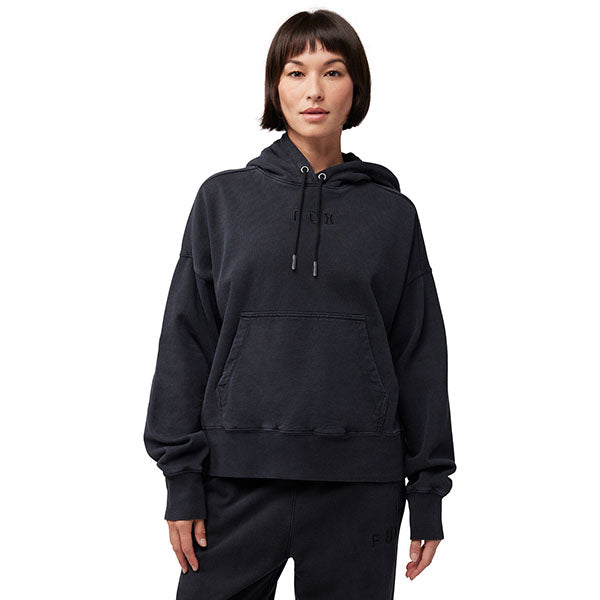 Back view of Fox Racing Women's Wordmark Hoodie in Black, highlighting relaxed silhouette and hood detail