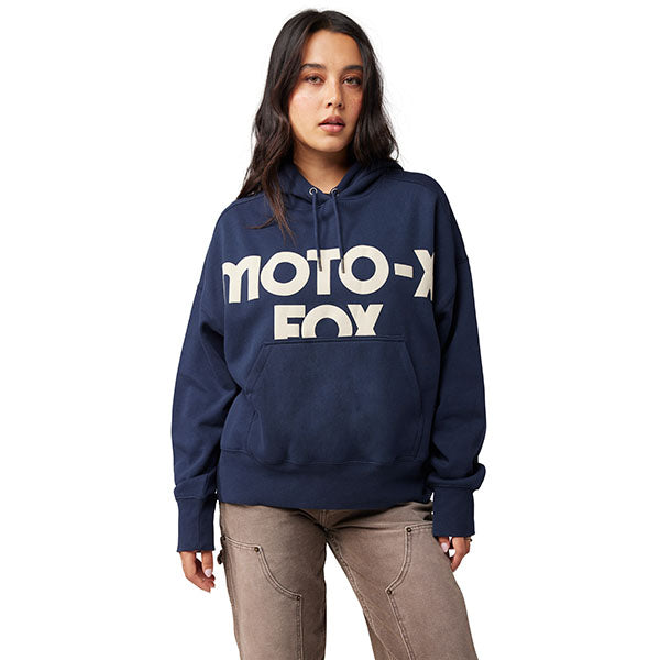 Rear view of Fox Racing Moto-X Oversized Hoodie in Midnight Blue, highlighting hood and dropped shoulder seams