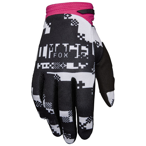 Front view of Fox Racing 180 Digi Image Gloves in Black and Pink (SKU: 33519-285), showing Clarino palm and silicone grip