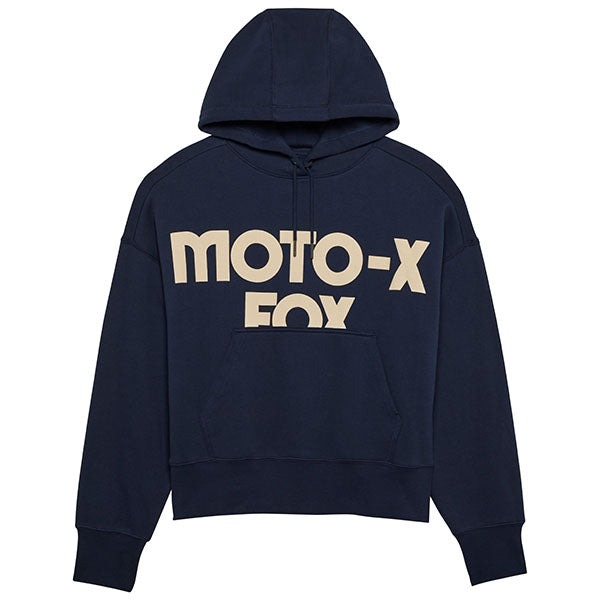 Front view of Fox Racing Women's Moto-X Oversized Hoodie in Midnight Blue (SKU: 32829-329), featuring bold Moto-X graphic and relaxed silhouette