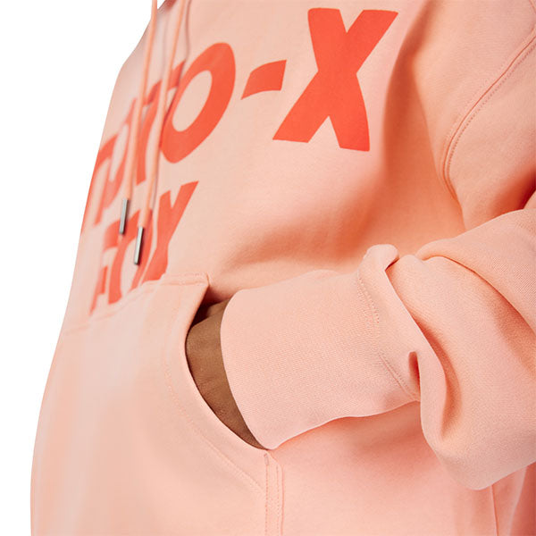 Close-up of puff print Moto-X logo and sueded artwork on Pale Pink Fox Racing Hoodie