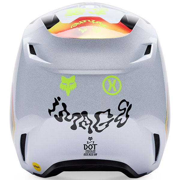 Front view of Fox Racing SKU 33530-0082X V1 Hello Future Helmet in White and Yellow (SKU: 33530-008), showing visor and chin bar design, sizes XS, SM, MD, LG, XL, size XS, sizes XS to XL.