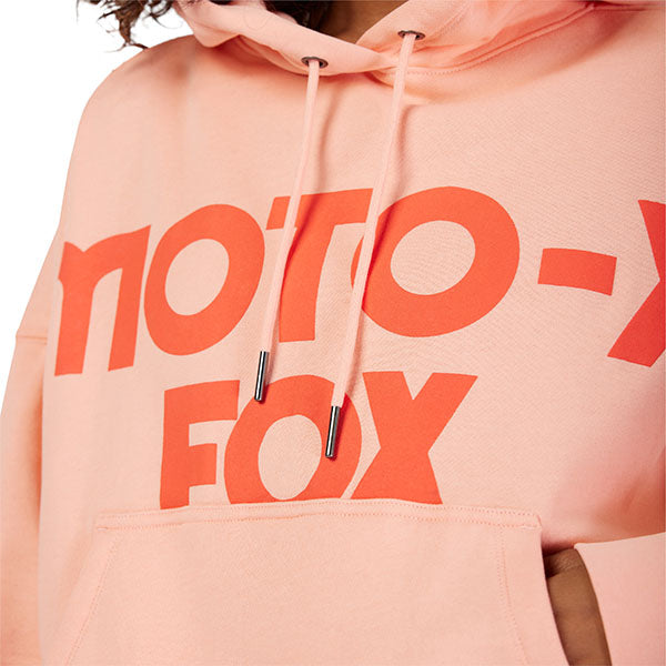 Detail view of drawcord hood and stitching on Pale Pink Fox Racing Moto-X Oversized Hoodie
