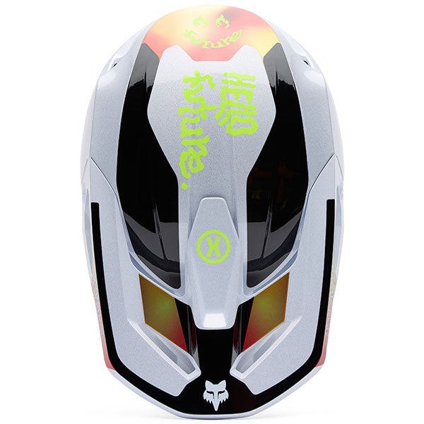 Top-down view of Fox Racing V1 Hello Future Helmet in White and Yellow (SKU: 33530-008), showing intake vents and shell shape, sizes XS, SM, MD, LG, XL, size XS, sizes XS to XL.