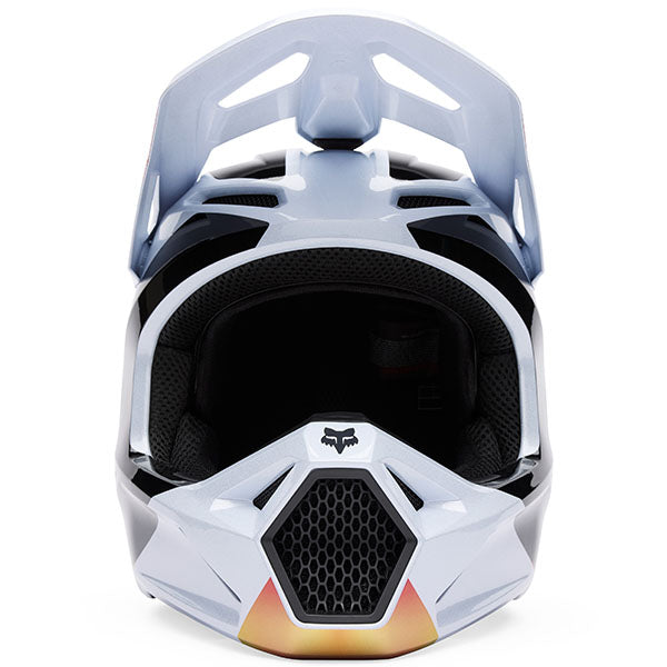 Close-up of visor and shell texture on Fox Racing V1 Hello Future Helmet in White and Yellow (SKU: 33530-008), sizes XS, SM, MD, LG, XL, size XS, sizes XS to XL.