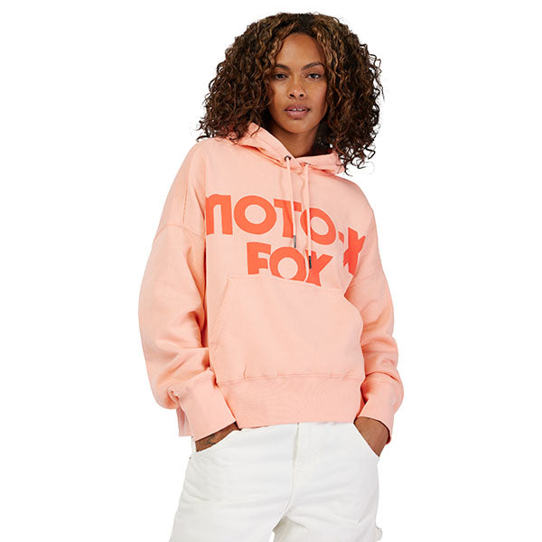 Rear view of Fox Racing Moto-X Oversized Hoodie in Pale Pink, highlighting dropped shoulders and hood design