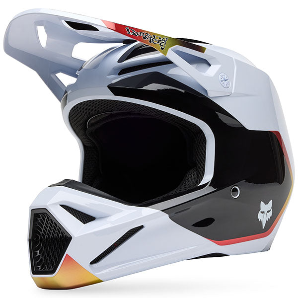 Interior view of Fox Racing V1 Hello Future Helmet in White and Yellow (SKU: 33530-008), showing MIPS® liner and cheek pads, sizes XS, SM, MD, LG, XL, size XS, sizes XS to XL.