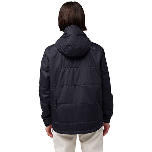 Rear view of Fox Racing Women's Ridgeway Jacket in Black (SKU: 33118-001), showing dropped hem and hood design